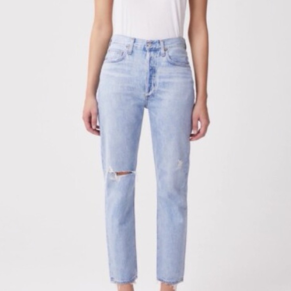 Agolde Women’s Riley High Rise Light Blue Straight Leg Distressed Crop Jeans 23